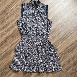 Smocked Neck Navy Floral Tiered Mini Dress